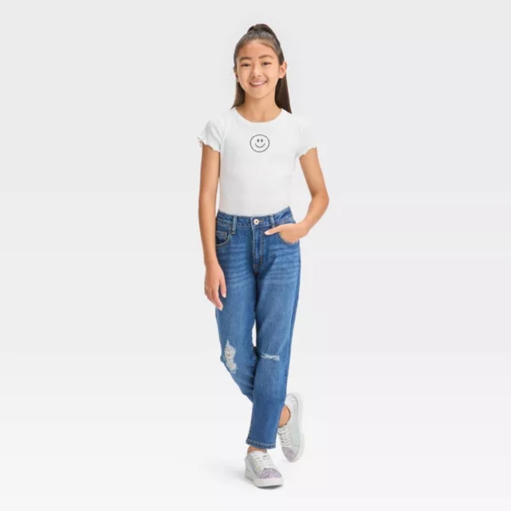 16 Girls High Rise Relaxed Tapered Cropped Jeans - art class Distressed Stretchy